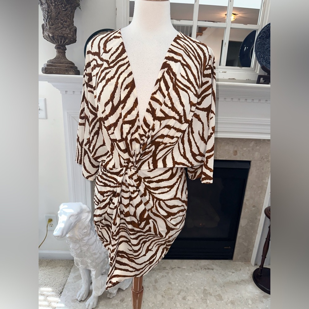Vici Brown and White Bodycon Dress with Plunge Neckline
